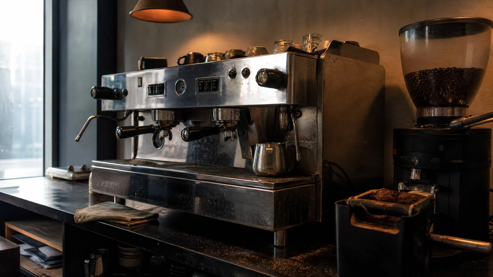 Two-group espresso machine and grinder on a coffee shop counter with a portafilter and knock box